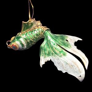 Beautiful Cloisonné Fish Ornament 4.5 Inch Green Gold Handcrafted Art Collectibl